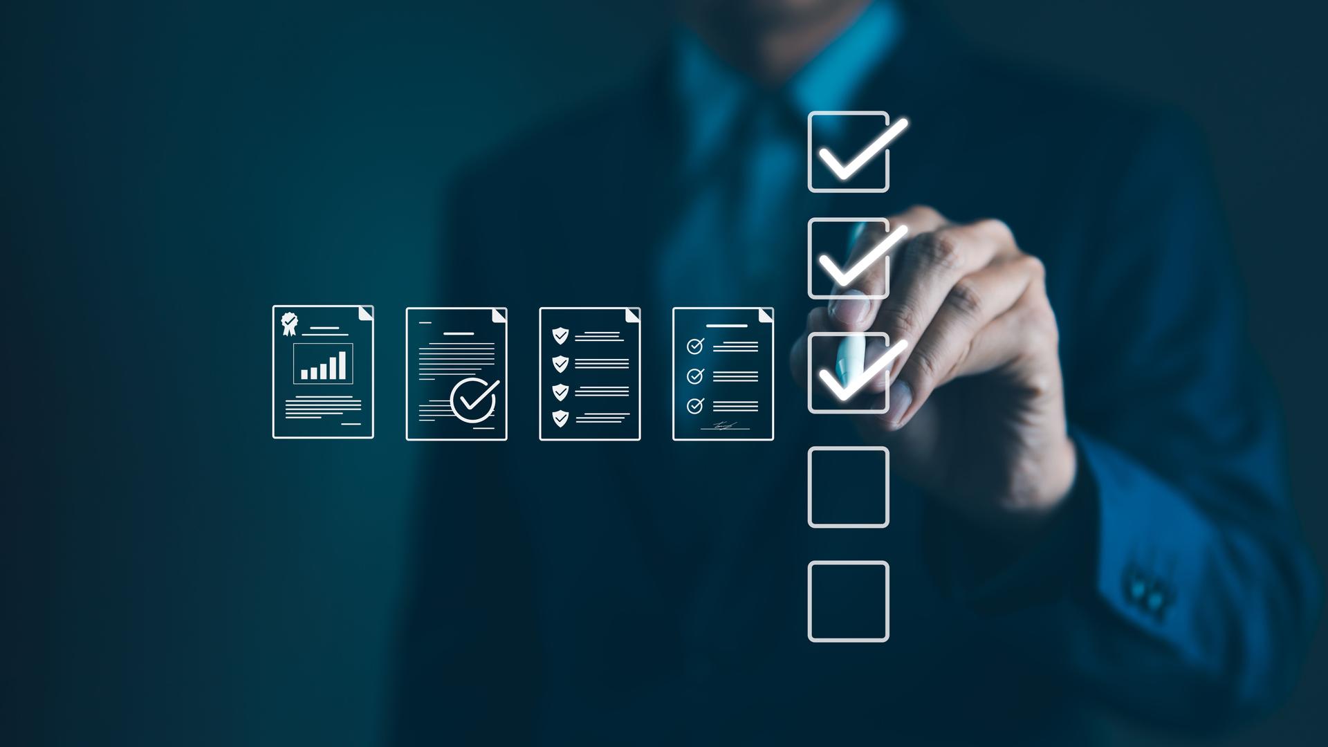 Quality Assurance and Document Control with Checklist Icons. Businessman mark off items on digital checklist, representing quality assurance and document control processes, verification and compliance